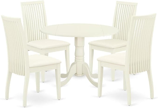 East West Furniture DLIP5-WHI-C 5 Piece Kitchen Table & Chairs Set Includes a Round Dining Table with Dropleaf and 4 Linen Fabric Dining Room Chairs, 42x42 Inch, Linen White