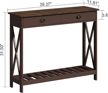 ChooChoo Farmhouse Console Table with Drawer for Entryway, Narrow Long Entry Table with Shelf for Living Room, Rustic Vintage Hallway Sofa Table with Stable X Supports, 40 Espresso