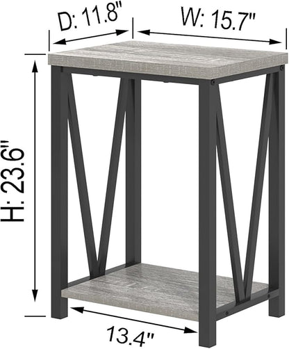 FOLUBAN End Table, Rustic Wood and Metal Side Table with Storage, Modern NightStand for Living Room Bedroom, Small Spaces, Light Grey