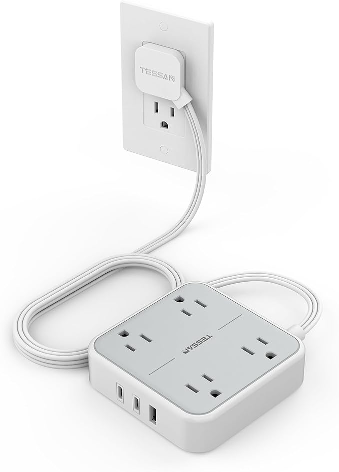 Flat Plug Surge Protector Power Strip, TESSAN 5 ft Ultra Thin Extension Cord with 3 USB Wall Charger(2 USB C Ports), 4 Outlets Slim Desk Charging Station for Travel, Office, Dorm Room Essentials