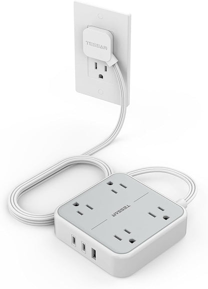Flat Plug Surge Protector Power Strip, TESSAN 5 ft Ultra Thin Extension Cord with 3 USB Wall Charger(2 USB C Ports), 4 Outlets Slim Desk Charging Station for Travel, Office, Dorm Room Essentials