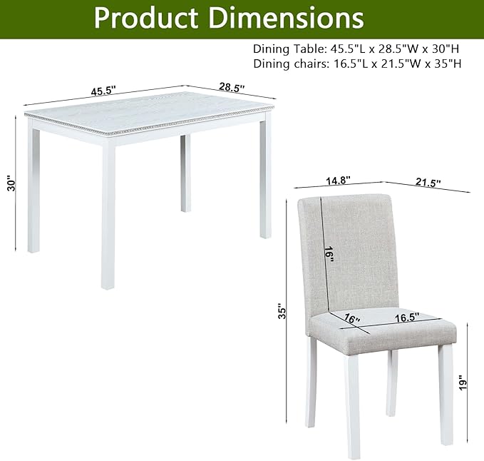 Ball & Cast 5 Piece Dining Table Set,Kitchen Table Set for 4 W/ 45.5" Rectangular Wooden Dining Table,Living Room Furniture W/ 4 Upholstered Chairs,for Dining Room,Kitchen,White
