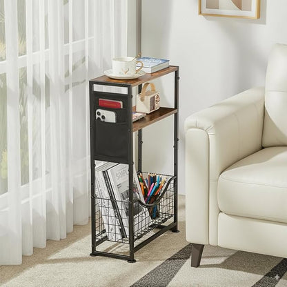 Narrow Side Table, Skinny Small End Tables with Magazine Holder, 3 Tier Small Sofa Side Table for Smalls Spaces, Sofa Couch Tables Bedside Table for Living Room Bedroom Office
