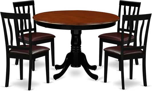 East West Furniture HLAN5-BCH-LC 5 Piece Dining Set Includes a Round Dining Table with Pedestal and 4 Faux Leather Kitchen Room Chairs, 42x42 Inch, Black & Cherry
