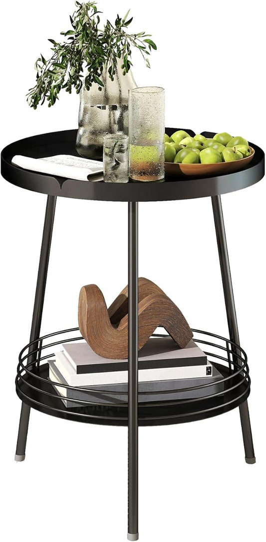 Benkyo 2 Tier Black Metal Round Side Table Tiered Two Shelf Storage Coffee Sofa End Table for Living Room and Bedroom,Black