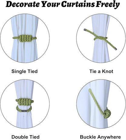 BEL AVENIR Magnetic Curtain Tiebacks, Decorative Drapery Holdbacks Modern Woven Tie-Backs with Exquisite Knot (Green, 6 Pack)