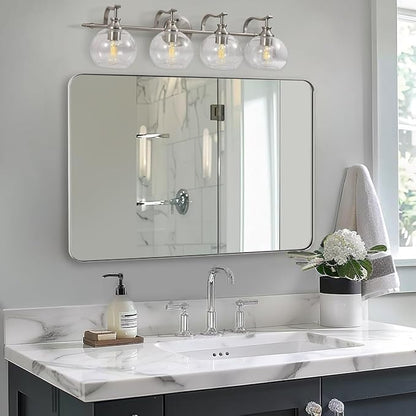 ANDY STAR 30"x48" Brushed Nickel Bathroom Mirror, Large Wall Mirror for Bathroom, Rounded Rectangle Mirror in Premium Stainless Steel Metal Frame Hangs Horizontal Or Vertical