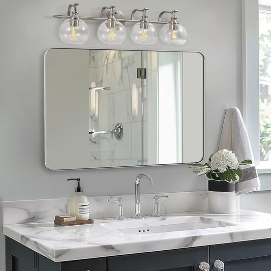 ANDY STAR 30"x48" Brushed Nickel Bathroom Mirror, Large Wall Mirror for Bathroom, Rounded Rectangle Mirror in Premium Stainless Steel Metal Frame Hangs Horizontal Or Vertical