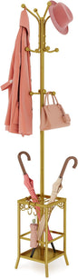 Hoctieon Coat Rack Freestanding, Coat Tree with Umbrella Holder, Metal Coat Rack Stand with 12 Hooks, Standing Coat Hanger Stand, Umbrella Stand for Entryway, Hat Rack Stand for Home Office, Gold