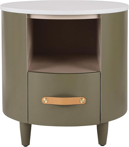 Merax Round Nightstand with Storage Drawer, MDF Contemporary Modern Bedside Table with Open Storage Shelf, Curved Design Sofa End Table for Bedroom & Living Room, Easy Assembly, Green