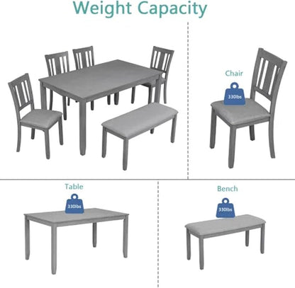 6-Piece Dining Table Set for 4-6 People, Kitchen Set with 4 Upholstered Chairs and One Bench, Living Room Chairs with Slatted Backrest, Rectangular Wooden Table for Home Bar and Kitchen, Gray