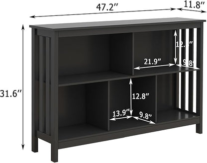 TaoHFE Short Bookshelf with 2-Layer 5 Cube Shelf,Wooden Bookcase Modern Minimalist Style, Horizontal Bookshelf for Living Room, Classroom, Bedroom, Book Shelf with Storage Cube Bookcase, Black