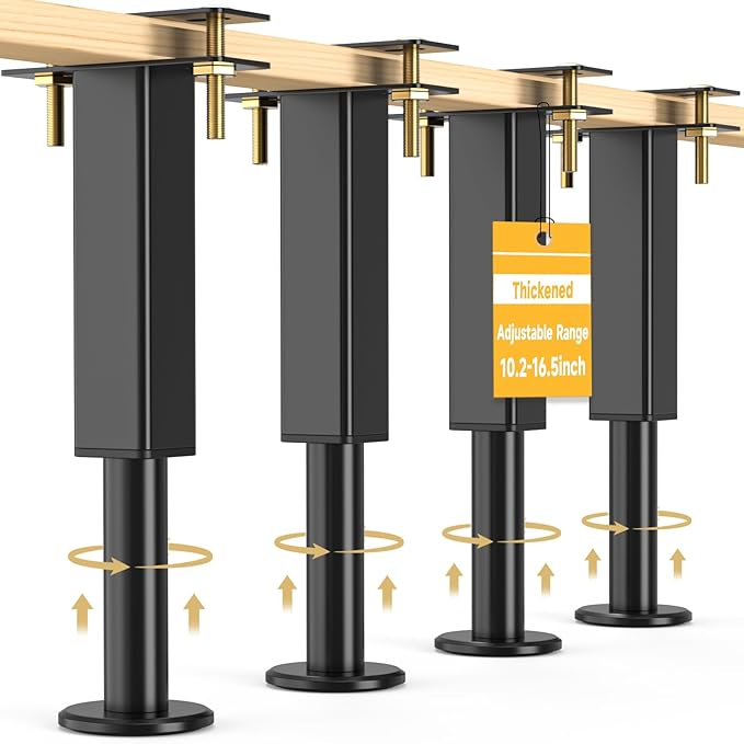 4PCS Adjustable Height Bed Support Legs, 10.2-16.5In, Metal Heavy Furniture Legs with Rubber Non-Slip for Sofa/Cabinet/Couch/Dresser/Table, Furniture Feet Replacement for King Queen Bed Frame Slat