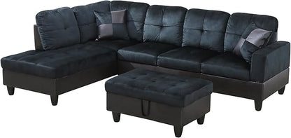 NicBex Sectional Couch 3 Pieces Sofa Set with Right Chaise Lint PVC L Shaped Cloud Couch for Living Room Furniture Sets with Storage Ottoman, Modular Sofa for Living Room & Apartment, Dark Blue+Brown