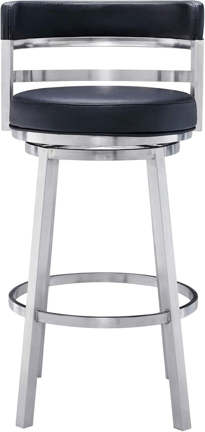 Armen Living Madrid 30" Seat Height Swivel Modern Black Faux Leather and Brushed Stainless Steel Bar Stool for Kitchen Island Counter