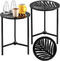 2 Packs 13" Metal Outdoor Side Tables Small Black Outside End Table for Patio Round Accent Corner Stand for Small Spaces Weather-resistant Coffee Table for Balcony Porch Plant Stand,Tropical Leaf