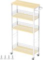 YBING Slim Storage Cart 4-Tier Rolling Kitchen Utility Cart White Narrow Laundry Storage Cart on Wheels and Wood Table Top Mobile Shelving Unit Organizer Trolley for Bathroom Small Space 7.3" W