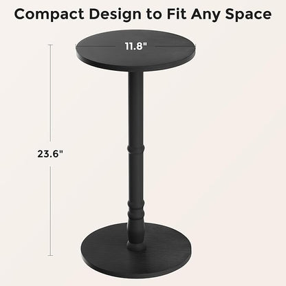Round Side Tables Set of 2, Solid Wood Pillar with Wood Top & Base, Small Drink Accent Table for Living Room, Bedroom, Sofa & Office, Easy Assembly, Black