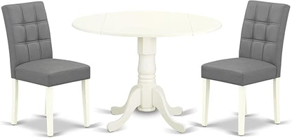 East West Furniture DLAS3-WHI-41 3 Piece Dining Table Set consists A Wooden Table and 2 Platinum Gray Polyester Fabric Kitchen Chairs with Stylish Back- Linen White Finish