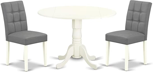 East West Furniture DLAS3-WHI-41 3 Piece Dining Table Set consists A Wooden Table and 2 Platinum Gray Polyester Fabric Kitchen Chairs with Stylish Back- Linen White Finish
