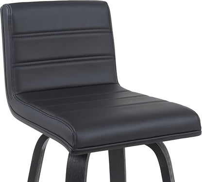 Armen Living Vienna Modern Swivel 30" Bar Height Barstool with Black Faux Leather and Black Wood Finish