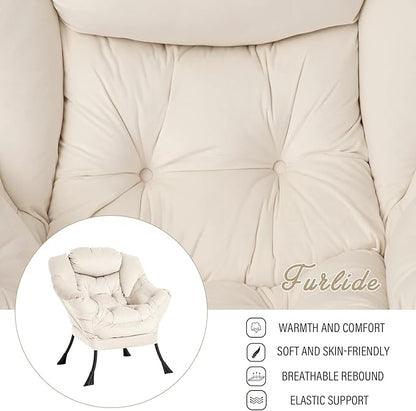 Lazy Chair with Ottoman, Modern Chair with Folding Footrest, Lounge Accent Chair, Comfortable Reading Chair, Oversized Armchairs for Bedroom, Study, Living Room, Courtyard (Beige)