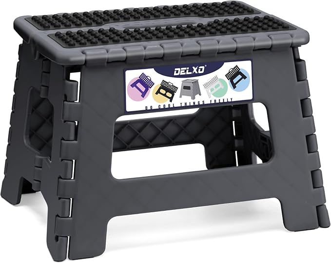 Delxo Folding Step Stool 9 Inch,Non-Slip Foldable Stools Up to 300 LBS,Kitchen Collapsible Fold Up Stepping Stool with Dotted 1 Pack,Gray