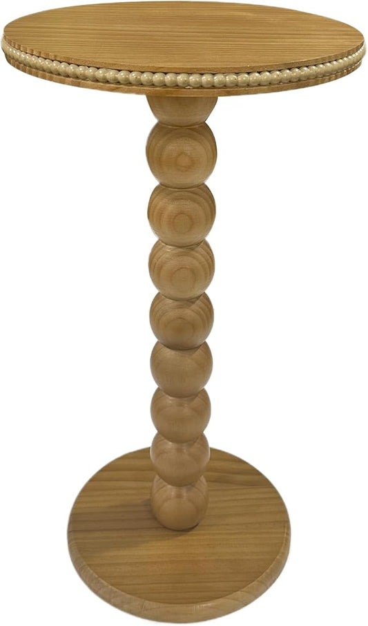 JUIOETURBoho Beaded Round Side Table - Handcrafted Small Accent Table for Small Spaces w/Solid Wood Leg - Drink Table for Living Room, Bedroom, Dorm, Office & Tight Corners (Nature)