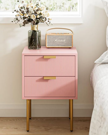 Nightstand,Morden Bedside Table with Gold Frame,Small White Night Stand,End Table,Bedside Furniture,Side Table with Drawer and Shelf for Bedroom,Living Room (2Drawers, Pink)