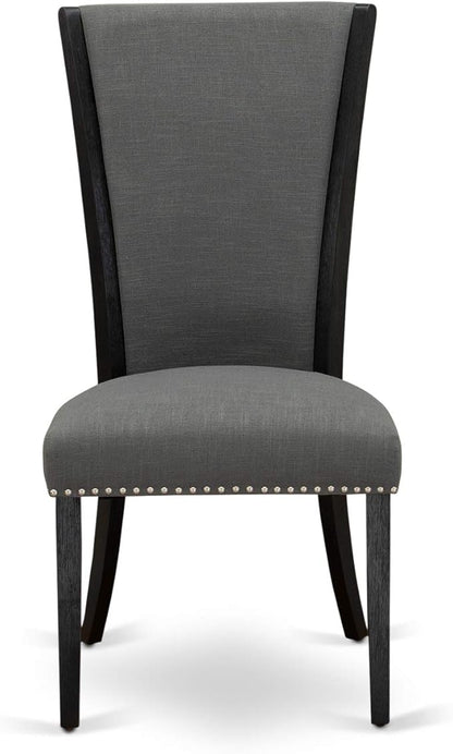 East West Furniture VEP6T50 Verona Parson Dining Chairs - Nailhead Trim Dark Gotham Linen Fabric Padded Chairs, Set of 2, Wirebrushed Black