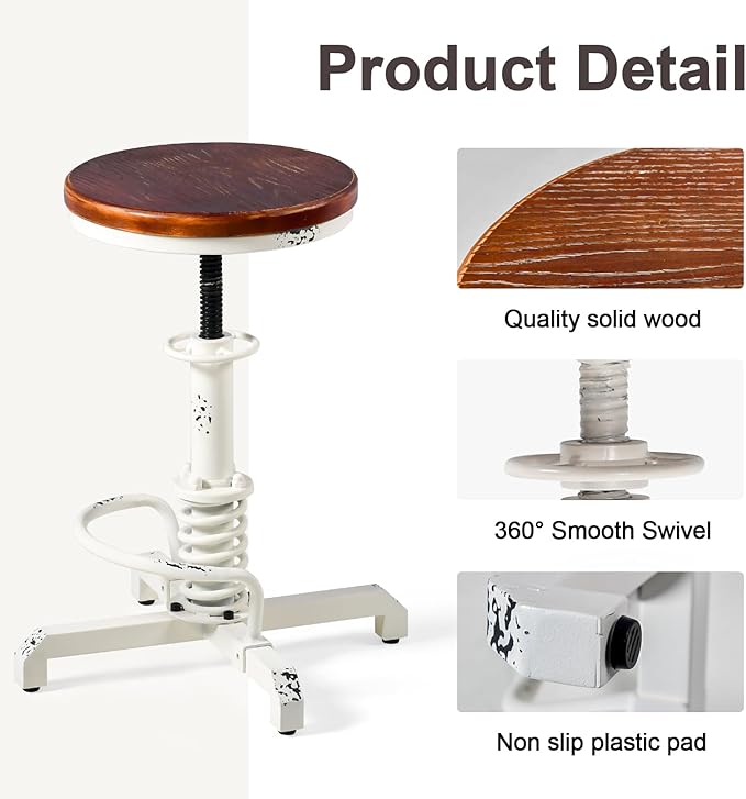 Topower Industrial Retro Vintage Farm Wooden Seat Tractor Stool Kitchen Swivel Height Adjustable bar Stool Antique White