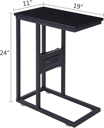 VECELO C Shaped End Side Table with Charging Station & Power Outlets for Couch Sofa/Bed, Snack TV Tray with Metal Frame for Living Room Bedroom 2 Set, Black
