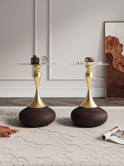 Manhattan Comfort Patchin Modern 15.75" Round End Table - Sleek Wood-Finished Steel Base with Gold Tabletop, Fully Assembled Accent Furniture, Set of 2, Brown/Gold