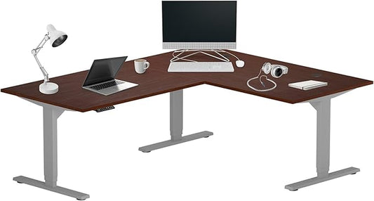 Progressive Desk Height Adjustable Computer Standing Desk - L Shaped 70" x 55" Corner Electric Stand Up Rising Workstation - Dark Cherry, Gray Frame