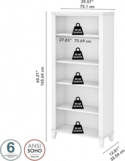 Bush Furniture Somerset 5 Shelf Bookcase in White, Tall Bookshelf, Large Book Shelf for Living Room, Home Office, or Entryway