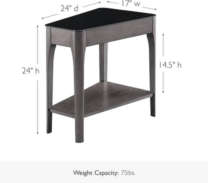Leick Home Obsidian End Table, Solid Wood, Narrow Wedge Shape, Glass Tabletop, Bottom Display Shelf, Easy Assemlby, Smoke Gray/Black, 24.0 in. L x 17.0 in. W x 24.0 in. H, 11102-GR