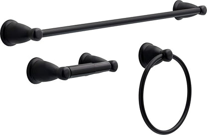 Franklin Brass Kinla 3-Piece Bathroom Set Matte Black 24" Towel Bar Rack, Toilet Paper Holder, Ring KIN3PC-MB