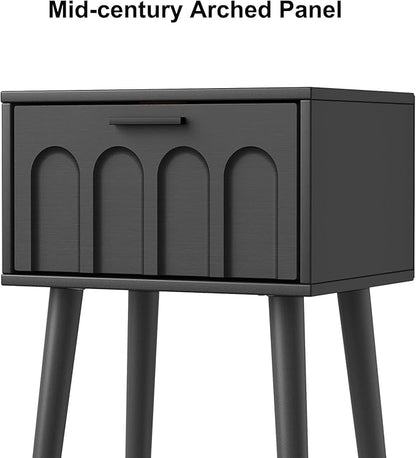 LAATOOREE Nightstand Set of 2, Small Bed Side Table with Arch Door, Mid-Century End Table with Wood Legs for Bedroom, Small Space (Black)