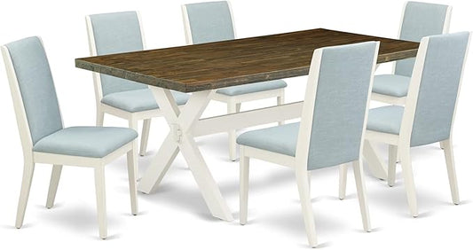East West Furniture X077LA015-7 7 Piece Dining Room Table Set Consist of a Rectangle Kitchen Table with X-Legs and 6 Baby Blue Linen Fabric Parson Dining Chairs, 40x72 Inch, Multi-Color