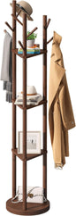 FILWH Bamboo Coat Rack Rotary Freestanding with Shelf Tree Stand for Hallway Entryway Hanger Stand with 9 Hooks 3 Shelves (Brown)