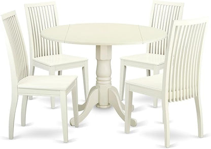 East West Furniture DLIP5-LWH-W 5 Piece Kitchen Table & Chairs Set Includes a Round Dining Table with Dropleaf and 4 Dining Room Chairs, 42x42 Inch, Linen White