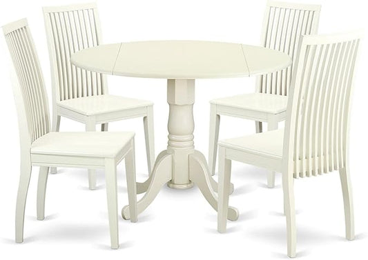 East West Furniture DLIP5-LWH-W 5 Piece Kitchen Table & Chairs Set Includes a Round Dining Table with Dropleaf and 4 Dining Room Chairs, 42x42 Inch, Linen White