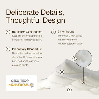 Coop Home Goods Essence Down Alternative Mattress Topper Cal King, Plush 2-Inch Gusset and Baffle Box Design for Even Support and Comfort, Premium Bed Topper for Pressure Relief, Oeko-TEX Certified