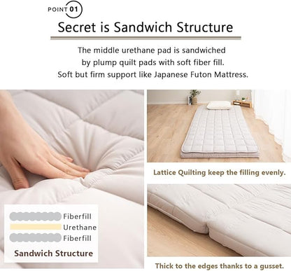 EMOOR Japanese Tri-fold Futon Mattress Machi with Mattress Pad Small-Twin Gray, Gusset Foldable Storable Washable Floor Sleeping Guest Bed Tatami Mat