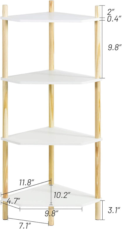 LITA Modern Wood Side Table, Triangular Accent End Table Plant Night Stand with Magazine Storage for Bedroom, Living Room, Bathroom, White, 4- Tier