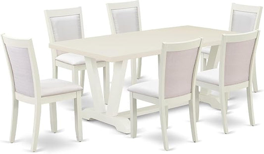 East West Furniture V027MZ001-7 7 Piece Dining Set Consist of a Rectangle Dining Room Table with V-Legs and 6 Cream Linen Fabric Upholstered Parson Chairs, 40x72 Inch, Multi-Color