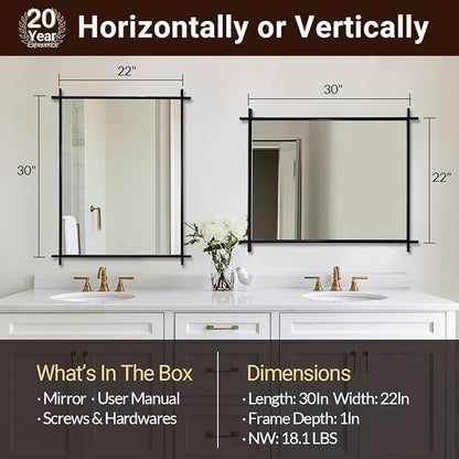 ANDY STAR Black Bathroom Vanity Mirror, 22x30 Inch Vintage Cross Corner Mirrors for Bathroom in 1’’ Stainless Steel Frame Minimalist for Home Decor Wall Mounted Horizontal/Vertical