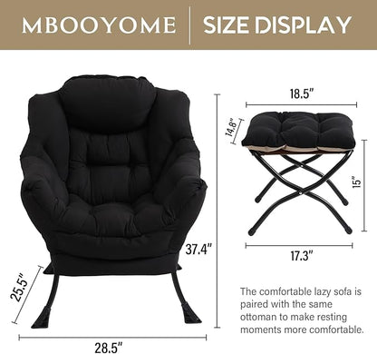 Lazy Chair with Folding Ottoman, Modern Accent Lounge Armchair with Armrests and a Side Pocket & Foldable Footstool, Leisure Reading Chair for Living Room, Bedroom, Dorm & Office, Black