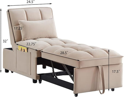 KEIKI Velvet Single Convertible Sleeper Chair Sofa Bed with Adjustable Backrest, Pillows & Storage Pockets, 3 in 1 Pull-Out Couch Chaise Lounge Recliner for Living Room Balcony Bedroom, Taupe
