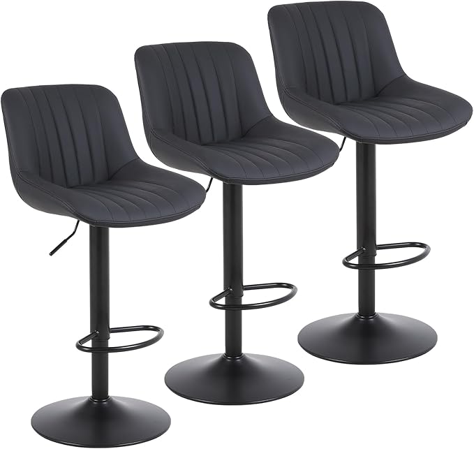 Bar Stools Set of 3, Swivel Counter Height Barstools with Back, Adjustable PU Leather Bar Chairs, Modern Armless Kitchen Island Stool, Black